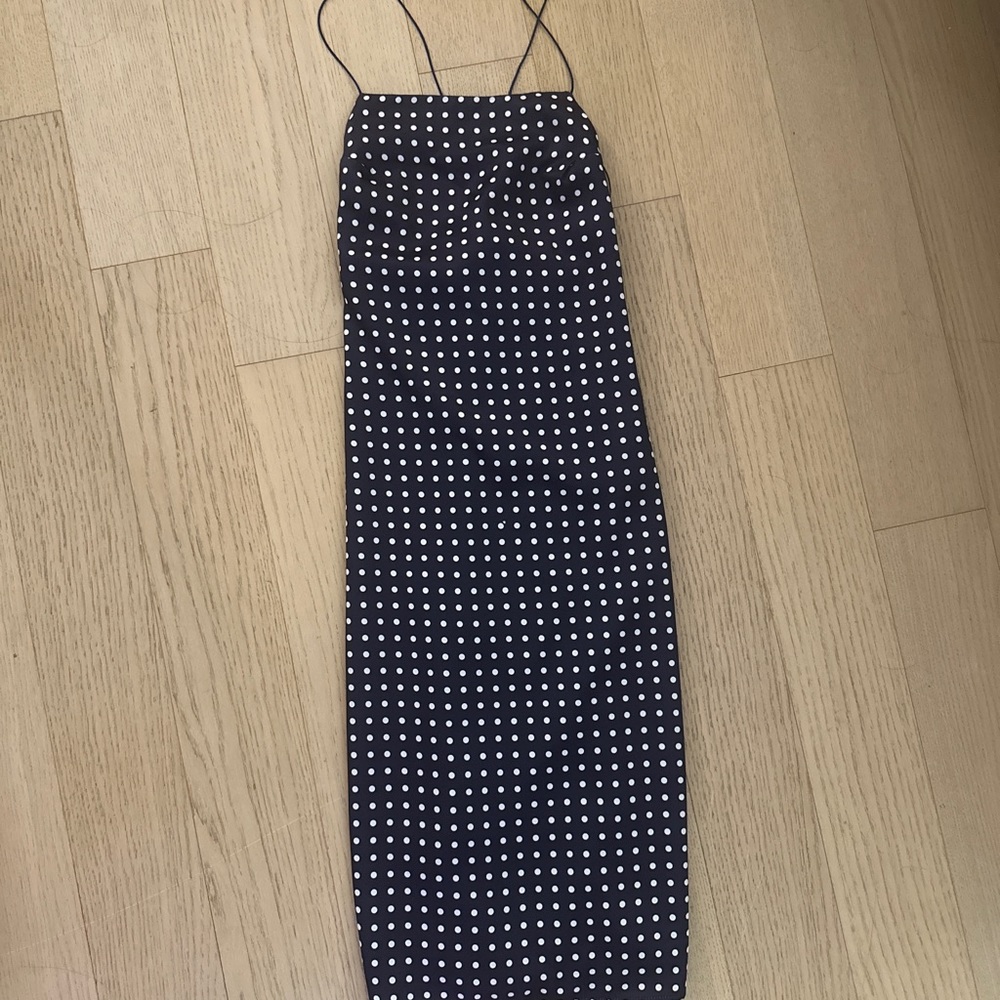 NWT Urban Outfitters (SM) navy blue Polka dot formal midi dress.